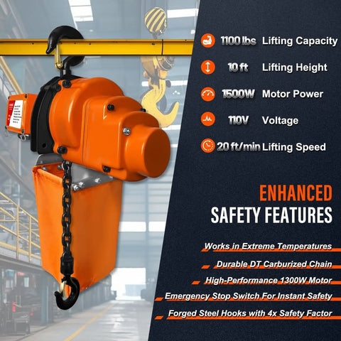 Electric Chain Hoist Half Ton With 20 Ft Wired Remote, Emergency Stop, Swivel Hook, 1100 Lb Capacity, 10 Ft Lift, 120V Overhead Crane Hoist For Garage Ceiling, Built Tough For Heavy Lifting shown in workshop.