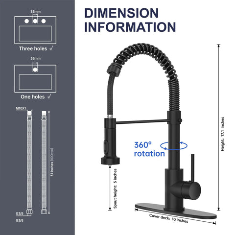 Dimension information for Dead Simple Install Bulletproof Build Slick Black Finish Single Handle Pull Down Kitchen Faucet Lead Free Stainless Steel Ceramic Cartridge Top Tier Sink Fixture.