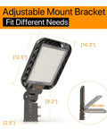 Beastly Bright 150W LED Parking Lot Light With Slip Fitter Mount shown with adjustable bracket and dimensions.