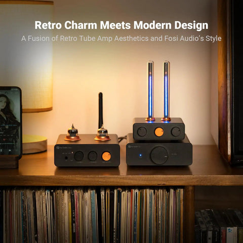 Music Visualizer With Spectrum Analyzer And Vintage Tube RGB Ambient Light For Desktop Home Stereo System Microphone Voice Pickup And Volume Display Adjustable Sensitivity For A Party Vibe And Immersive Audio Visual Experience on wooden shelf
