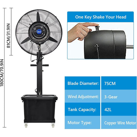 Heavy Duty Oscillating Pedestal Fan With Built In Mister And Nine Gallon Tank Three Speed Settings, 75CM blade, 42L tank.