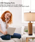 Rattan Table Lamps Set Of 2 For Bedroom With 3 Way Dimmable Touch Control Rustic Natural Wicker Nightstand Lamps With USB Ports