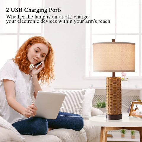 Rattan Table Lamps Set Of 2 For Bedroom With 3 Way Dimmable Touch Control Rustic Natural Wicker Nightstand Lamps With USB Ports