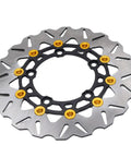 Drop In 300Mm Front Brake Disc Rotor With Stainless Steel Floating Design And Wavy Cooling Ribs For Rock Solid Stopping Power On 2017 To 2025 Dirt Bikes Featuring Cnc Aluminum Hub In Gold, showing detailed view of rotor with gold aluminum hub.
