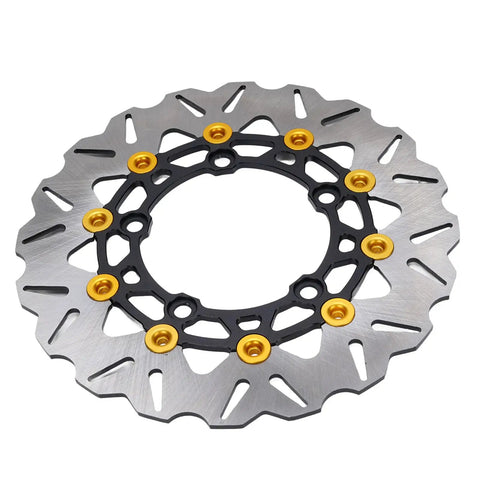 Drop In 300Mm Front Brake Disc Rotor With Stainless Steel Floating Design And Wavy Cooling Ribs For Rock Solid Stopping Power On 2017 To 2025 Dirt Bikes Featuring Cnc Aluminum Hub In Gold, showing detailed view of rotor with gold aluminum hub.