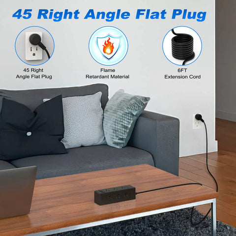 Desk Clamp Power Strip With USB C PD, 9 Outlets And 4 USB Ports, in a living room setting with sofa and extension cord