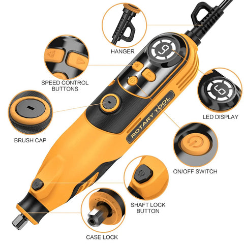 Powerful Rotary Tool Kit With 6 Variable Speeds From 10000 To 35000 RPM Large LED Display and controls details