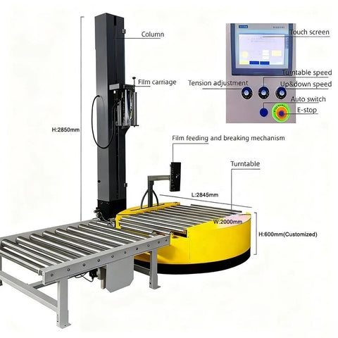 Fully Automatic Pallet Stretch Wrapper With Conveyor Line Setup Industrial Stretch Film Wrapping Machine Heavy Duty Turntable For Quick End Of Line Packaging Moves That Runs Smooth And Handles Freight Like A Champ