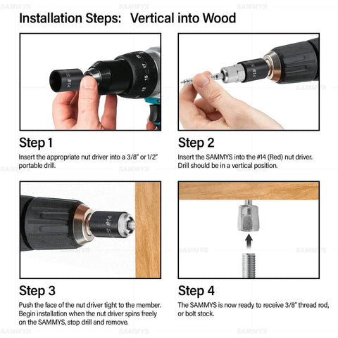 Installation steps for Heavy Duty Screw Swivel Threaded Rod Anchor For Wood Mounting At 17 Degree Off Vertical with drill