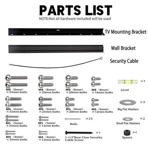 Parts list for No Sweat No Drill Drywall TV Mount Fits 13 To 55 Inch Screens Holds Up To 99 Pounds Vesa Compatible.