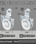 8 Pack Sliding Closet Door Rollers Kit For Wardrobe Cabinets With Hangers And Knob Adjustable Hooks image showing #1 and #2 rollers, matching nails.