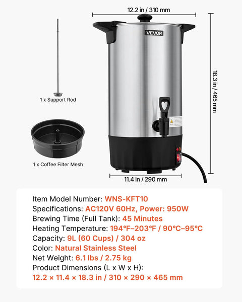 Big-Batch Coffee Urn 60 Cup 9 Liter Hot Beverage Dispenser With Dripless Faucet Fast Brew Stainless Steel Large Coffee Maker