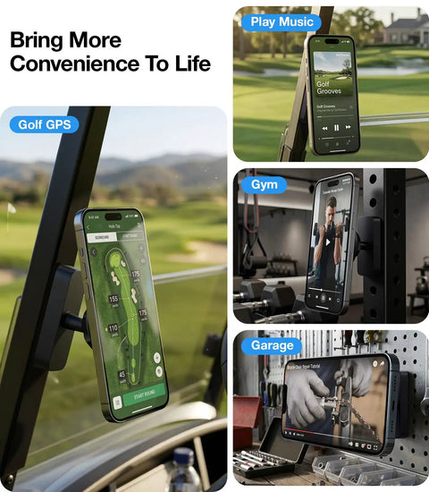 Magnetic Golf Cart Phone Holder With 28 Strong Magnets in use on golf cart, gym equipment, and workshop, showcasing versatility.