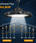 UFO LED High Bay Light 150W Dimmable Shop Warehouse Lighting 5000K 22500lm ETL Listed diagram in industrial setting