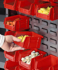 Built Like A Tank Deep Door Bin Cabinet With 96 Solid Red Plastic Organizing Bins Adjustable Shelves Secure Lock Hasp Heavy Duty 270 Swinging Doors Pre Assembled with red bins holding various components.