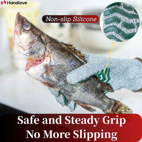 Cut Resistant Gloves With Non Slip Silicone Grip For Real Kitchen Work Including Meat Cutting, Oyster Shucking, Mandoline Slicing And Wood Carving, Washable Green Size Large, Level 5 Protection For Safe, Confident Handling, holding fish