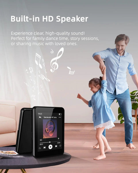 64GB Kid Friendly MP3 Player No WiFi, 2.4 Inch Portable Music Player For Kids, on table with family dancing in background