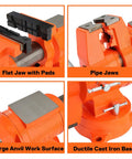 Heavy Duty Bench Vise With 5 Inch Jaw Opening And 360 Degree Swivel Base Anvil For Woodworking And Pipe Work Utility Combination Vise With Replaceable Jaw Faces And Included Jaw Pad For Quick Stable Grips, close-up view of features including pipe jaws and flat jaw with pads