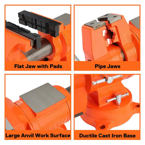 Heavy Duty Bench Vise With 5 Inch Jaw Opening And 360 Degree Swivel Base Anvil For Woodworking And Pipe Work Utility Combination Vise With Replaceable Jaw Faces And Included Jaw Pad For Quick Stable Grips, close-up view of features including pipe jaws and flat jaw with pads