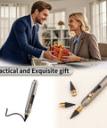 Ultra Durable Titanium Pocket Pencil With Retractable Tip, Keychain Case And No Sharpening Everlasting Graphite For Sketching, Drawing And Writing, Includes 2 Nibs, Mini Case And Gift Ready Box shown as a gift with pencil and nibs displayed.