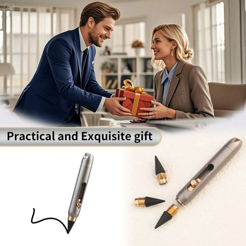Ultra Durable Titanium Pocket Pencil With Retractable Tip, Keychain Case And No Sharpening Everlasting Graphite For Sketching, Drawing And Writing, Includes 2 Nibs, Mini Case And Gift Ready Box shown as a gift with pencil and nibs displayed.