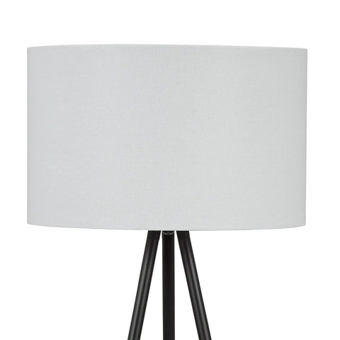 Mid Century Modern Tripod Floor Lamp In Black, Tall Standing Lamp With Adjustable Three Way Lighting, close-up of white shade and black legs.