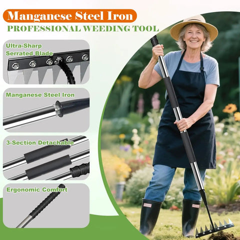 Adjustable Long Handle Garden Weeding Rake 27 To 60 Inches Heavy Duty 6 Teeth Manganese Steel Weeding Rake