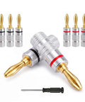 Built Tough Gold Plated Banana Plug Speaker Wire Connectors with Dual Screw Aluminum Shell for audio setup. Pack of 4 connectors.