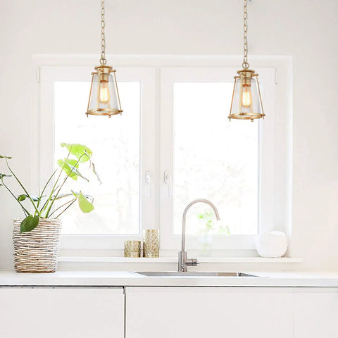 Gold Pendant Light Fixture For Kitchen Island And Dining Room, Brass Hanging Light With Bubble Seeded Glass over white counter