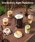 8 In 1 Milk Frother And Steamer With 21oz Capacity Detachable Design Three Temperature Settings Electric Hot And Cold Foam Maker surrounded by various frothy drinks on a table.