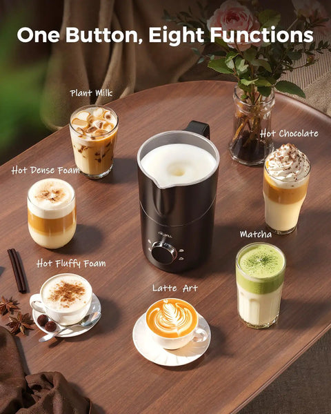 8 In 1 Milk Frother And Steamer With 21oz Capacity Detachable Design Three Temperature Settings Electric Hot And Cold Foam Maker surrounded by various frothy drinks on a table.