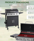Four Burner Propane Gas BBQ Grill With 40,000 BTU Power, Stainless Steel Build, 459 Sq In Cooking Surface dimensions display