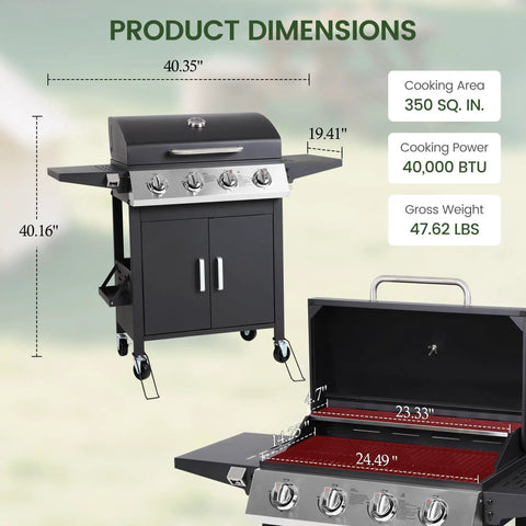 Four Burner Propane Gas BBQ Grill With 40,000 BTU Power, Stainless Steel Build, 459 Sq In Cooking Surface dimensions display
