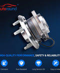 Rear Wheel Bearing And Hub Assembly With ABS For Chevy Equinox Pontiac Torrent Saturn Vue Suzuki XL7 Captiva Sport 2012 2015 5 Lug Pair Direct Fit Replacement OEM Quality Durable Performance Bolt In DIY Ready product featuring hub design with visible ABS sensor and bolts on blue background.
