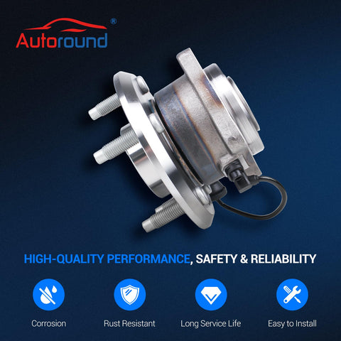 Rear Wheel Bearing And Hub Assembly With ABS For Chevy Equinox Pontiac Torrent Saturn Vue Suzuki XL7 Captiva Sport 2012 2015 5 Lug Pair Direct Fit Replacement OEM Quality Durable Performance Bolt In DIY Ready product featuring hub design with visible ABS sensor and bolts on blue background.