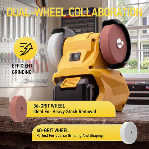 Pro Grade Cordless Bench Grinder With Dual 3 Inch Grinding Wheels and Sturdy Guard, featuring 36-grit and 60-grit wheels.