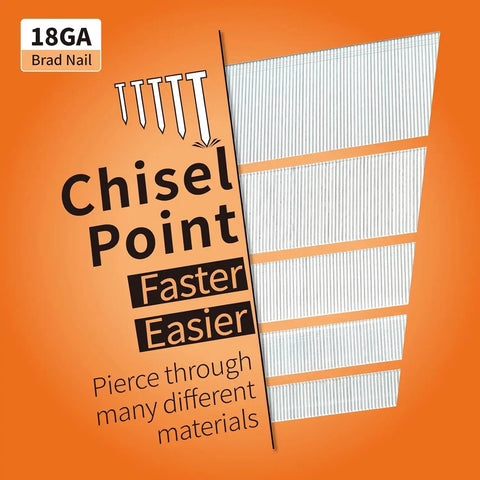 Straight Shooter 18 Gauge Brad Nails Assorted 1300 Count Galvanized Steel Finishing Nails showing chisel point and durability.