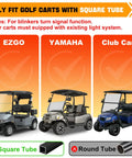 LED Turn Signal Side Mirrors for Golf Carts with 7x5 Inch Glass shown on EZGO, Yamaha, and Club Car models with square tubes.