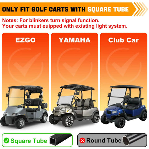 LED Turn Signal Side Mirrors for Golf Carts with 7x5 Inch Glass shown on EZGO, Yamaha, and Club Car models with square tubes.