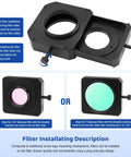 Double Magnetic Telescope Filter Drawer For Astrophotography With M42x0.75 T T2 Thread On Both Ends And 1.25 To 2 Inch Filter Mounts Easy Swap Filter Holder For 1.25 And 2 Inch Filters Versatile Accessory For Consistent Imaging, showing assembly instructions and filter alignment options.