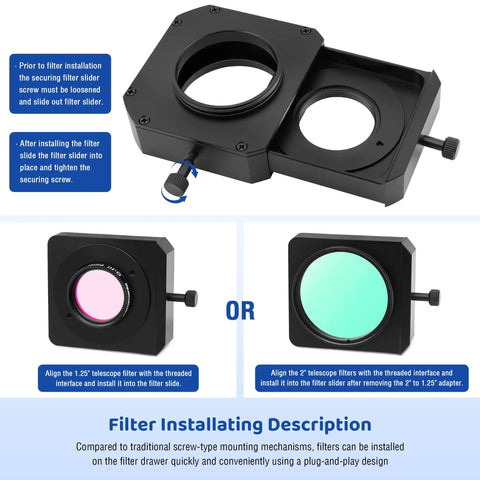 Double Magnetic Telescope Filter Drawer For Astrophotography With M42x0.75 T T2 Thread On Both Ends And 1.25 To 2 Inch Filter Mounts Easy Swap Filter Holder For 1.25 And 2 Inch Filters Versatile Accessory For Consistent Imaging, showing assembly instructions and filter alignment options.