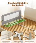 75 Inch Foldable Toddler Bed Rail With Reinforced Carbon Steel Frame and Mesh Guard on Wooden Bed Base