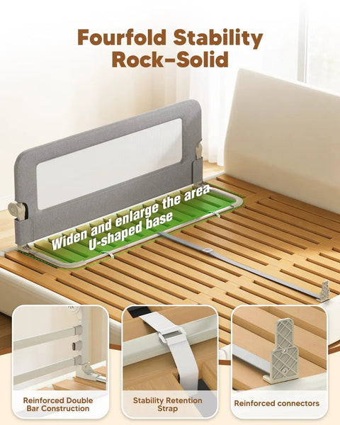 75 Inch Foldable Toddler Bed Rail With Reinforced Carbon Steel Frame and Mesh Guard on Wooden Bed Base