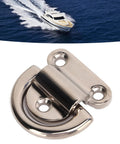 Close-up of stainless steel folding pad eye D-ring deck hardware for boats; marine-grade, corrosion-resistant