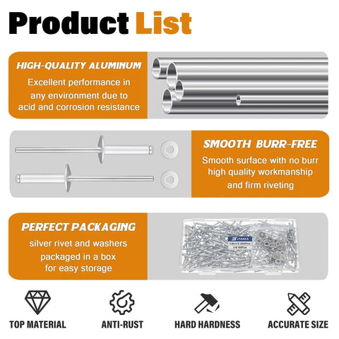 250 Piece 1/8 Inch By 1/2 Inch Silver Aluminum Blind Rivets With Stainless Steel Washers Kit for Auto Body Metalworking and DIY Projects Beefy Heavy Duty Durable Corrosion Resistant Secure Fit Assortment showcasing product features and packaging
