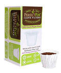 Box of 100 disposable paper filters for reusable K Cup pods with a sample paper filter filled with coffee grounds in front