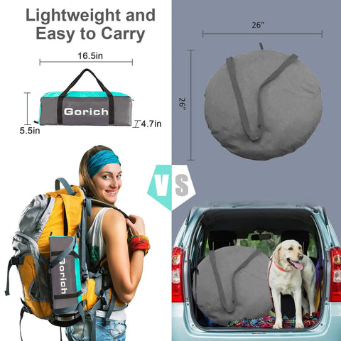 Comparison of lightweight Family Beach Tent Sun Shelter with carrying case and compact size in car with dog
