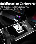 Car Power Inverter DC 12V To 110V AC Converter with Dual AC Outlets and 65 Watt USB C Fast Charger in car console.