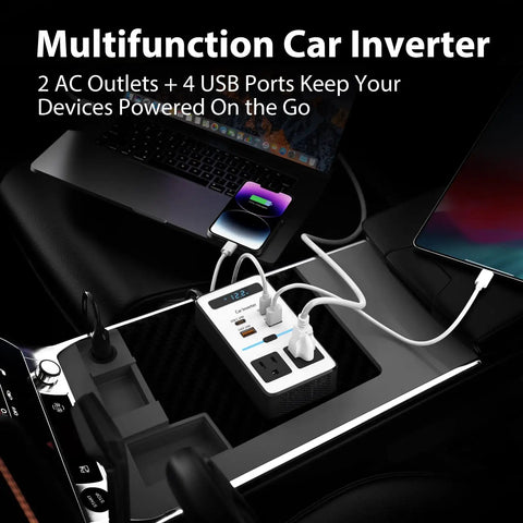 Car Power Inverter DC 12V To 110V AC Converter with Dual AC Outlets and 65 Watt USB C Fast Charger in car console.