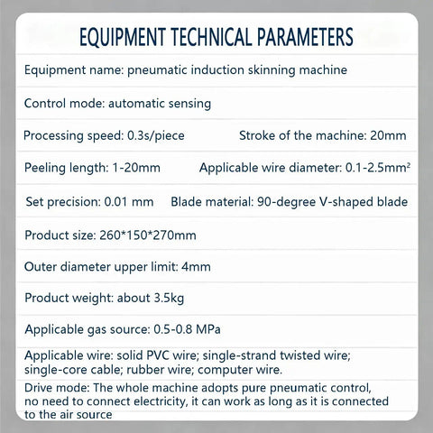 Technical parameters of Air Driven Wire Stripping Machine for Quick Clean Strips of Small Gauge Wires 0.03 to 2.5 mm2 AWG 32 to AWG 14